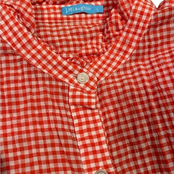 💥🦋BEAUTIFUL J.MCLAUGHLIN SIZE Large  LONG SLEEVE SHIRT seersucker red gingham - Picture 2 of 6